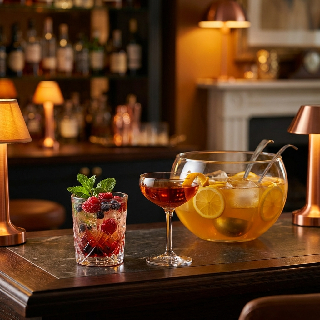 Mehrere alkoholfreie Cocktails in verschiedenen Gläsern mit frischen Früchten und Eis auf Party-Tisch