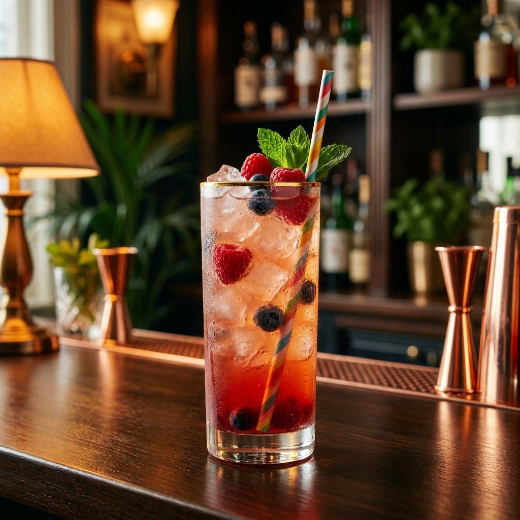 Bunter alkoholfreier Frucht-Cocktail mit Eis, Beeren und Minze im Glas