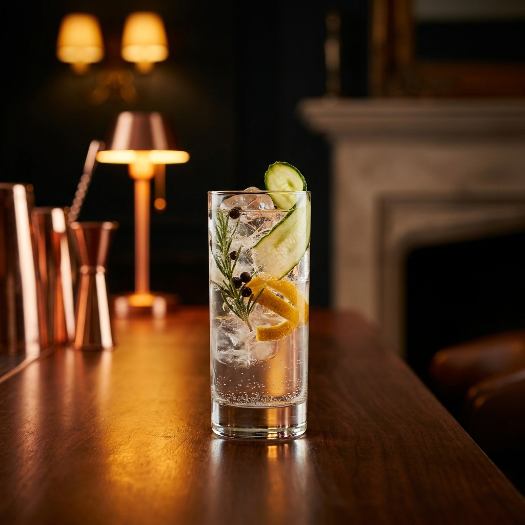 Alkoholfreier Gin Tonic im Highball-Glas mit Eis, Botanicals und Zitrusgarnitur