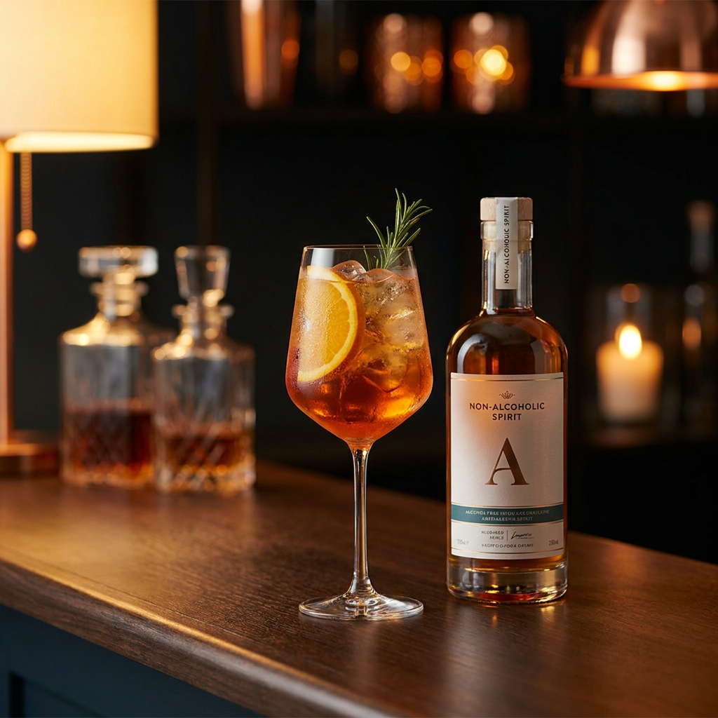 Alkoholfreier Aperol-Ersatz im Spritz-Glas mit Eis, Orangenscheibe und Rosmarin-Garnierung.