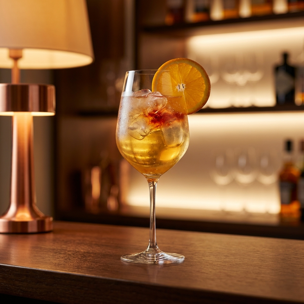 Alkoholfreier Spritz mit Prosecco im Weinglas, Orangenscheibe, Eiswürfel und Kondensation
