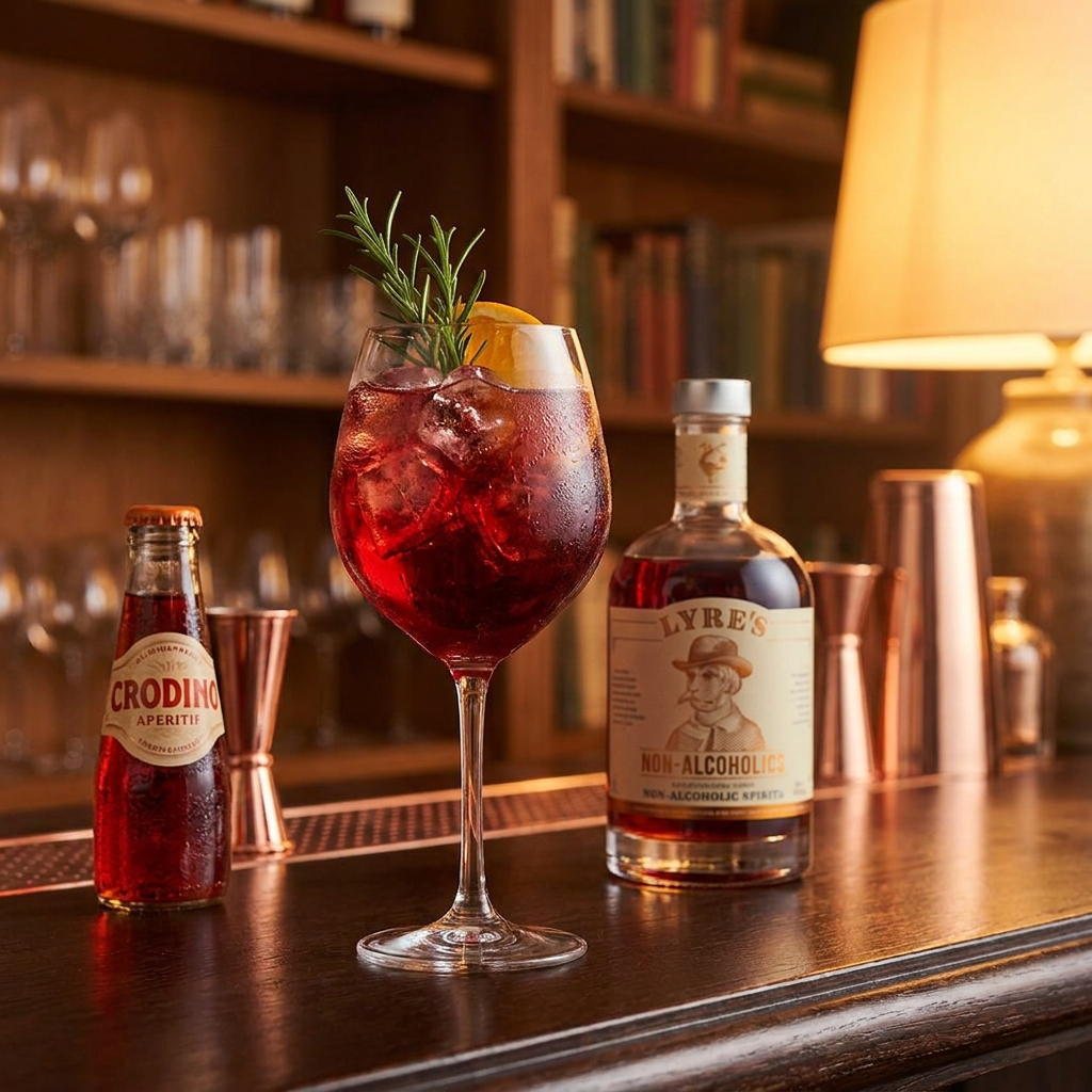 Alkoholfreier Aperitif-Cocktail im Weinglas mit roter Flüssigkeit, Orangenscheibe und Rosmarin.
