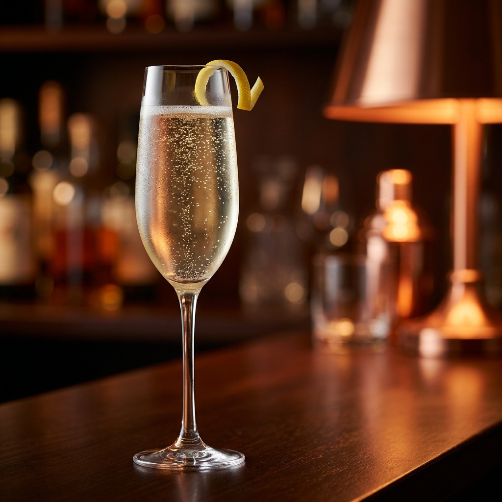 Sektglas mit alkoholfreiem Sekt, aufsteigenden Blasen und Zitronenzeste