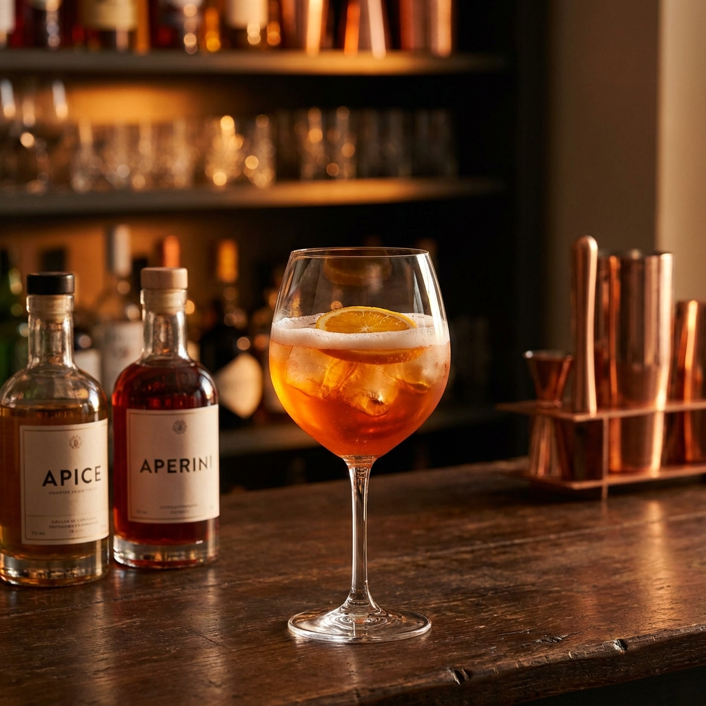 Aperol-Alternative Cocktail im Weinglas mit Eis, Orangenscheibe und Prosecco-Schaum, daneben günstige Discounter-Flaschen.