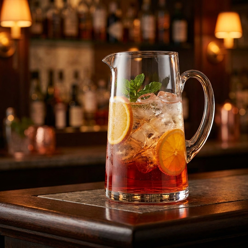Großer Glaskrug mit Aperol Spritz Mischung, Eis, orange Scheiben und Minze.