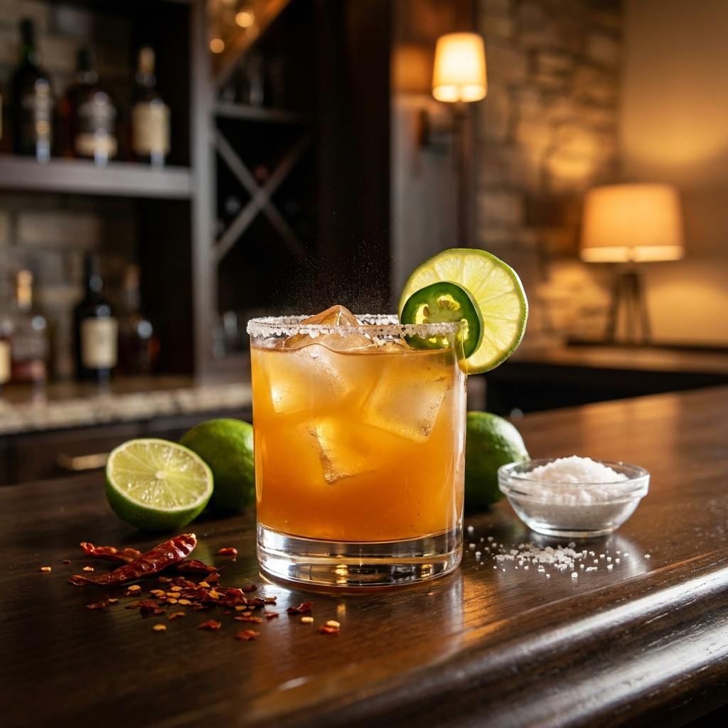 Spicy Margarita im Coupeglás mit Salzkante, Chili-Garnitur und Limettenscheibe, Kondenswasser am Glas