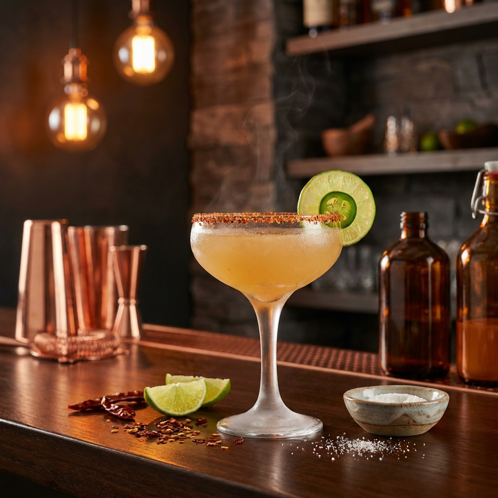 Spicy Margarita mit Chili-Salz-Rand, Limettenscheibe und Jalapeño-Garnitur im Coupé-Glas