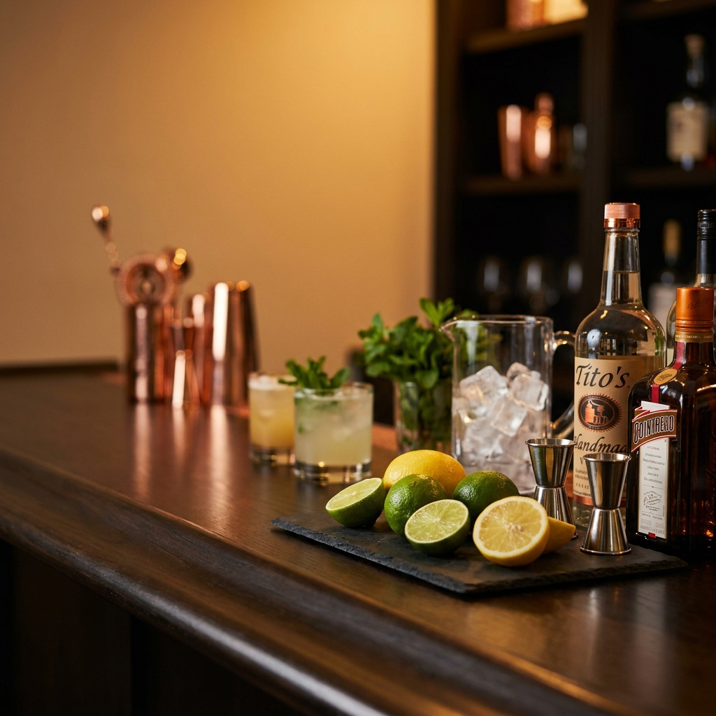 Frische Limetten und Zitronen neben Cocktail-Zutaten und Spirituosen auf Partytisch