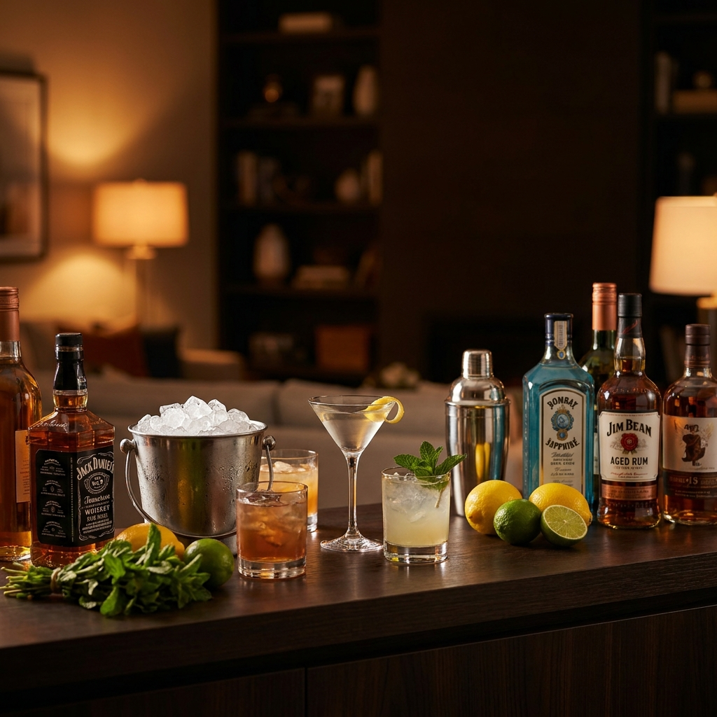 Cocktail-Bar mit verschiedenen Drinks, Flaschen, Zitrusfrüchten und Eis für eine Party.