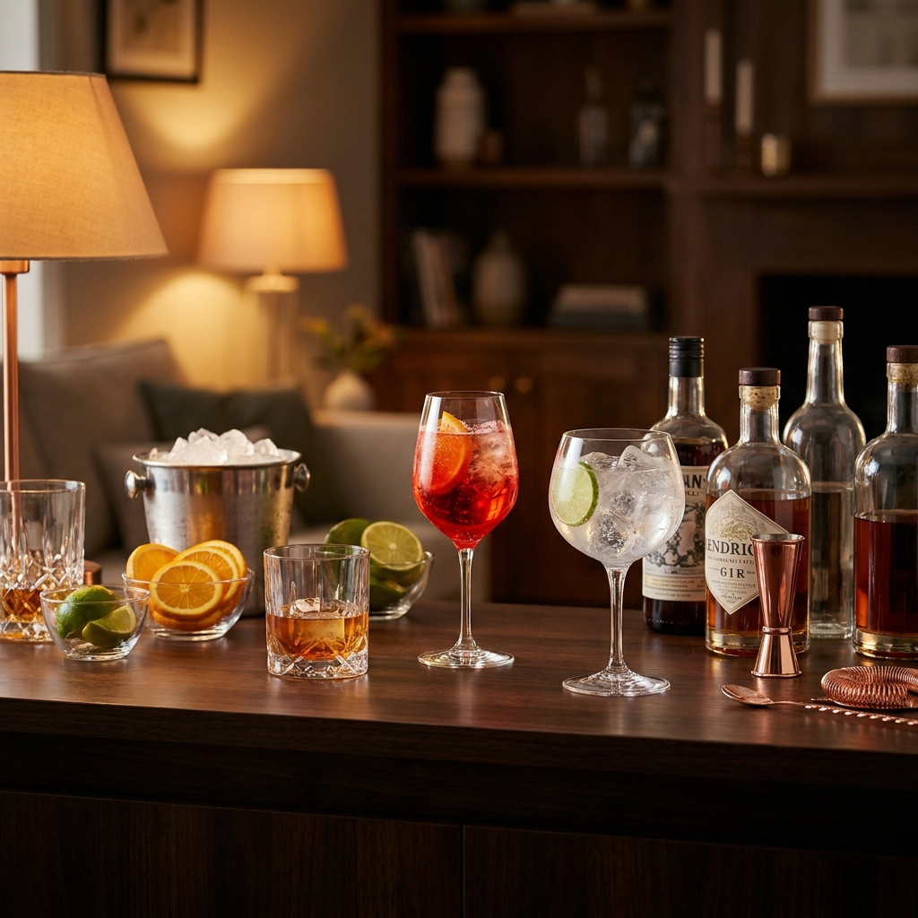 Bunte Cocktails mit Eis, frischen Zitrusfrüchten und Spirituosenflaschen auf Bartisch.