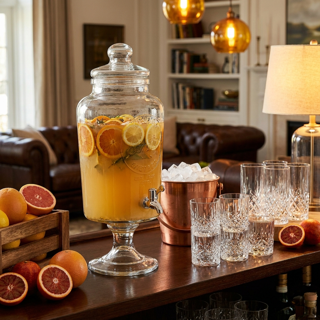 Großer Glaskrug mit vormixtem Cocktail, umgeben von Limetten, Eiswürfeln und Cocktailgläsern für Gruppenveranstaltung.
