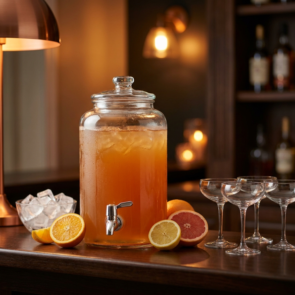 Großer Cocktail-Dispenser mit vorgemischtem Drink, umgeben von Limetten und leeren Gläsern für Gruppenparty.