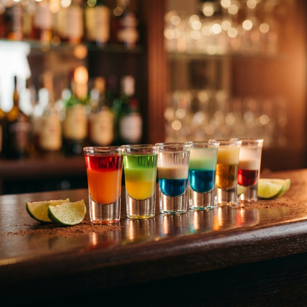 Sechs bunte Party-Shots in Schnapsgläsern mit perfekten farbigen Schichten und frischen Garnierungen.