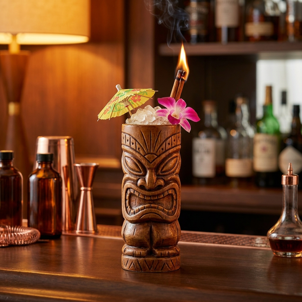 Tiki-Cocktail in geschnitztem Becher mit dunklem Rum, Früchten und brennendem Zimtstab