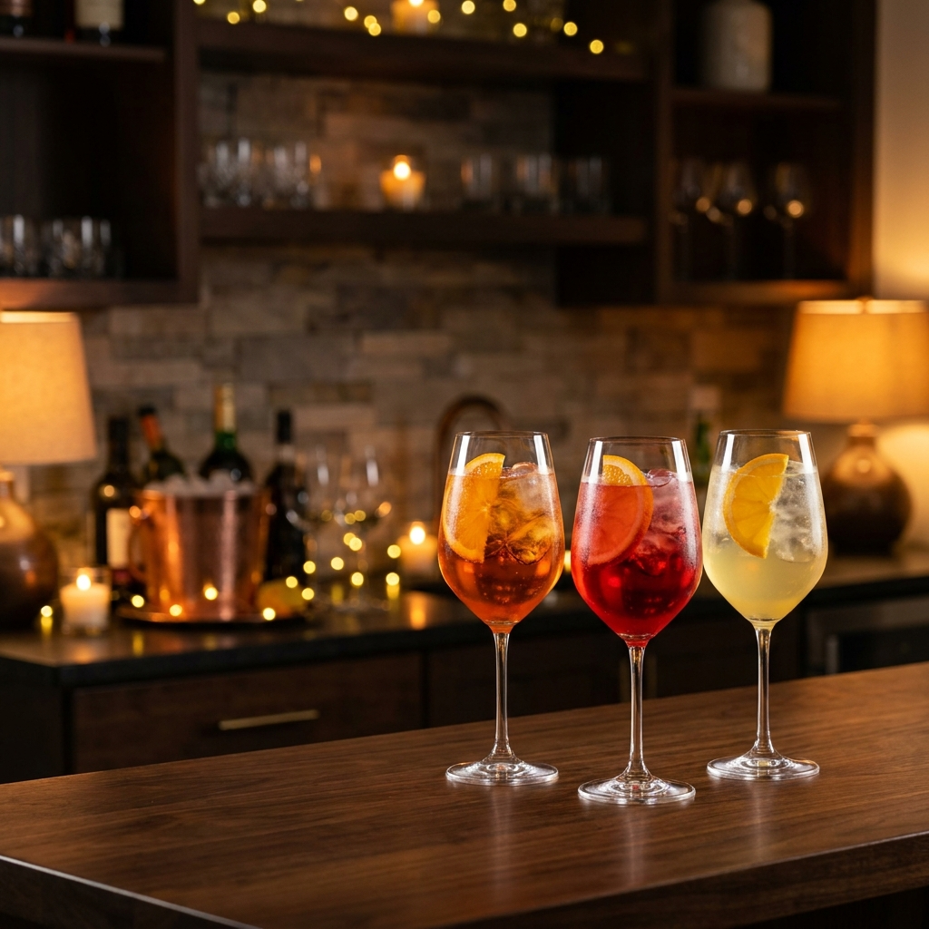 Drei verschiedene Spritz Cocktails nebeneinander in Weingläsern mit Orangenscheiben und Eis.
