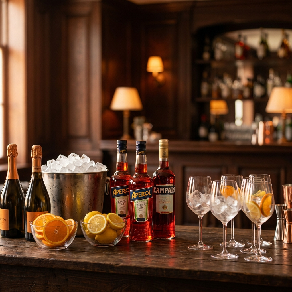 Spritz-Bar mit Prosecco-Flaschen, Aperol, Campari, Eis und frischen Zitrusfrüchten.