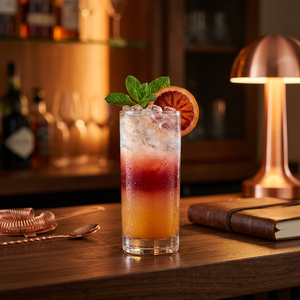 Alkoholfreier Mocktail im Glas mit Eis, Minze und Fruchtzitrone, professionell angerichtet