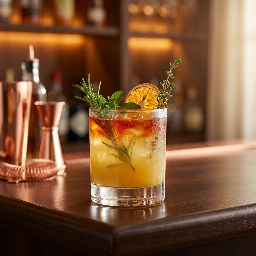 Alkoholfreier Mocktail mit frischen Zitrusfrüchten, Minze-Garnitur und Eiswürfeln im eleganten Glas.
