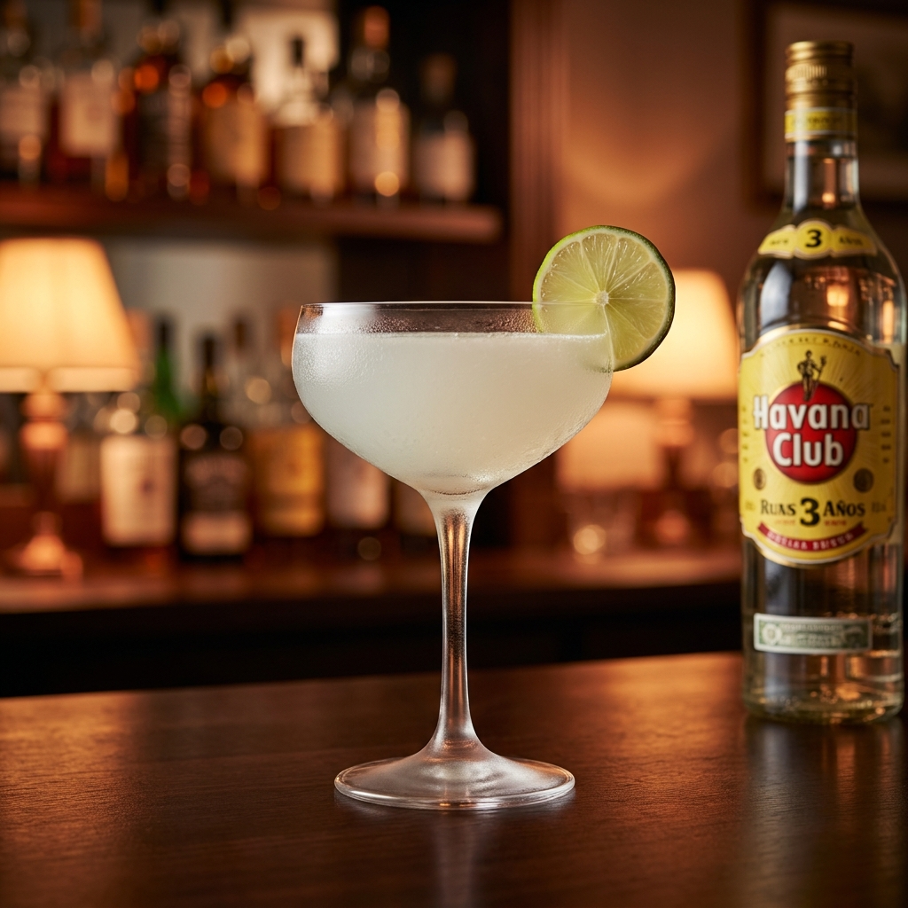 Daiquiri Cocktail im Coupé-Glas mit weißem Rum, Limettenscheibe, Kondenswasser am Glas