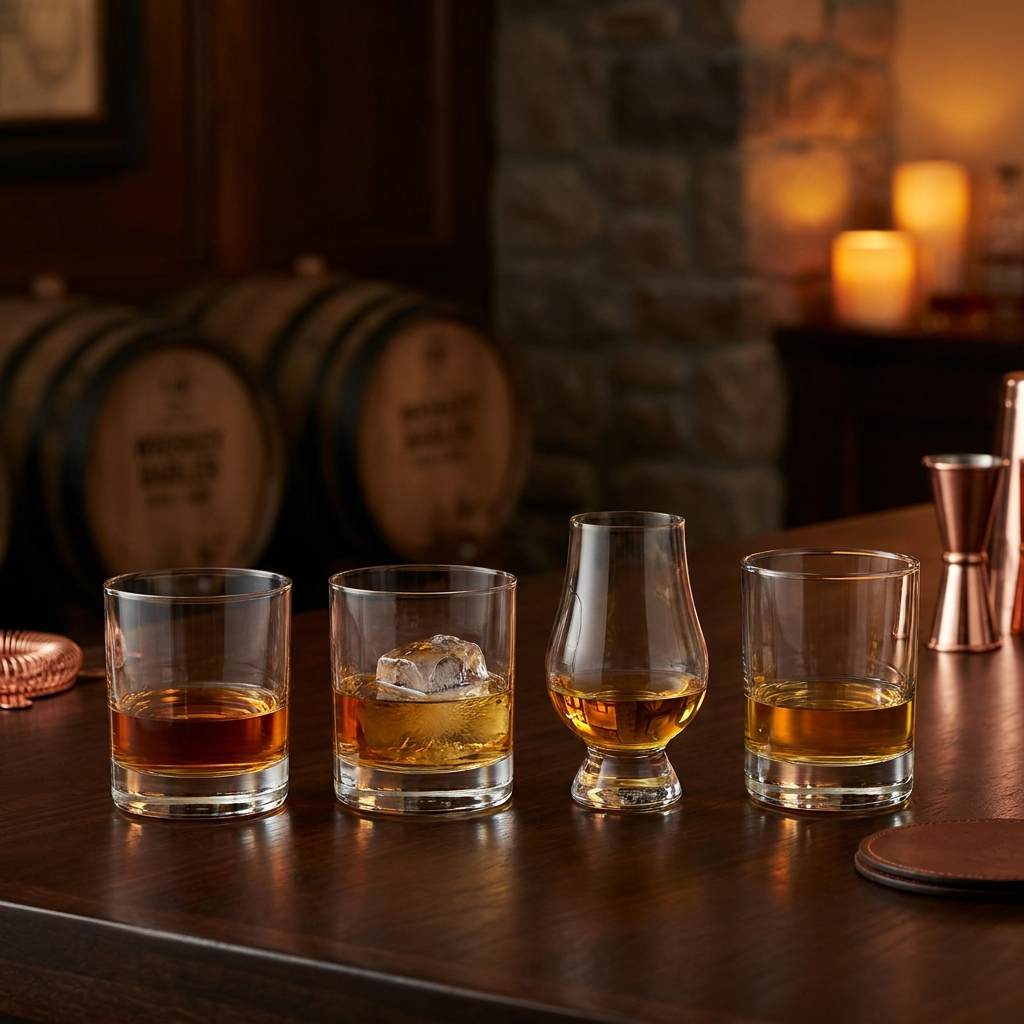 Vier verschiedene Whiskey-Sorten in unterschiedlichen Gläsern nebeneinander angeordnet, amber bis golden gefärbt.
