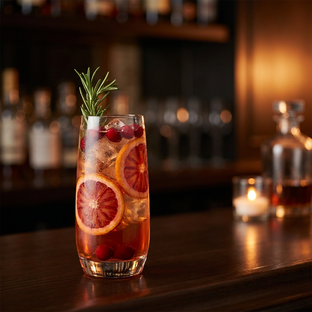 Weihnachtlicher Spritz mit Blutorange und Cranberry im Glas mit Eis und Rosmarin-Garnitur