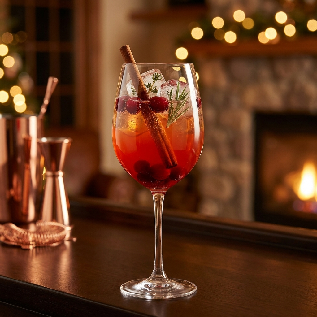 Weihnachtlicher Spritz mit Blutorange, Cranberry, Zimtstange und Eiskubus in Weinglas.