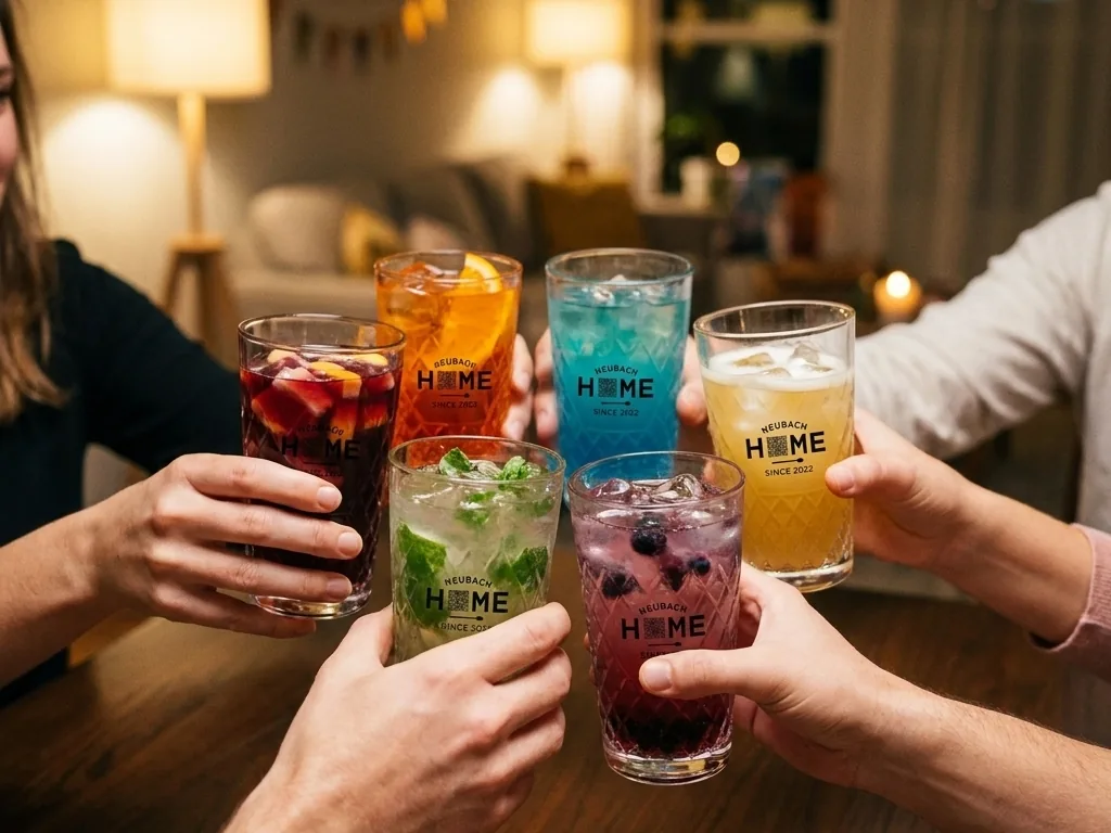 Freunde stoßen mit Neubach Cocktailgläsern auf einer Party an